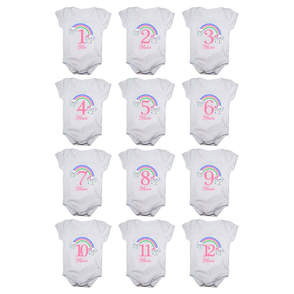 Kit Body Bebê Mesversario Manga Curta Arco Iris 12 Bodies de 1 a 12 Meses