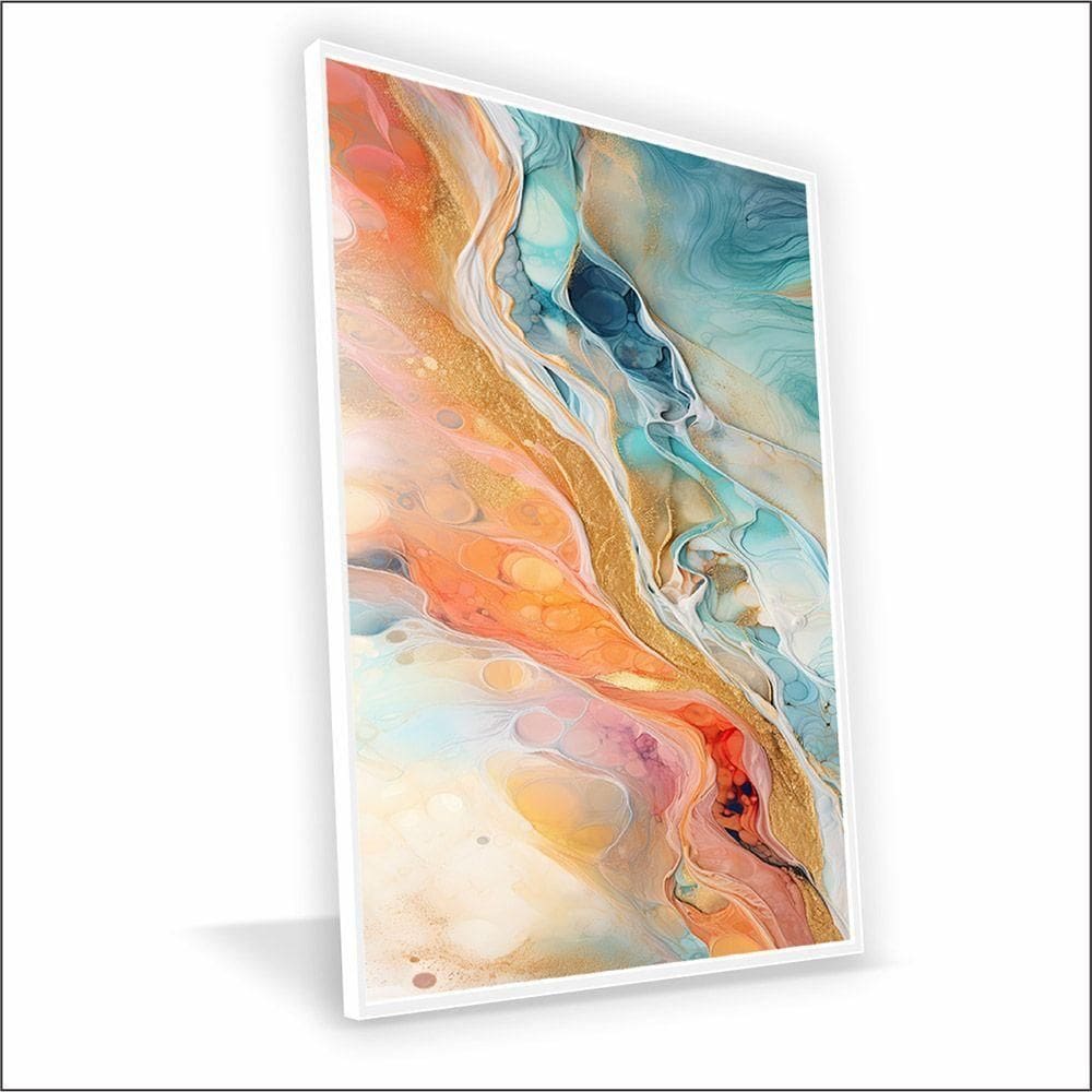 Quadro Marmorizado Salmão Vinil Com Vidro Tamanho-moldura 40x30 Baixa Cor Branca