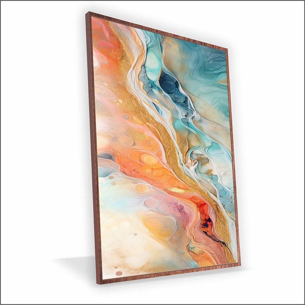 Quadro Marmorizado Salmão Vinil Com Vidro Tamanho-moldura 40x30 Caixa Cor Madeira