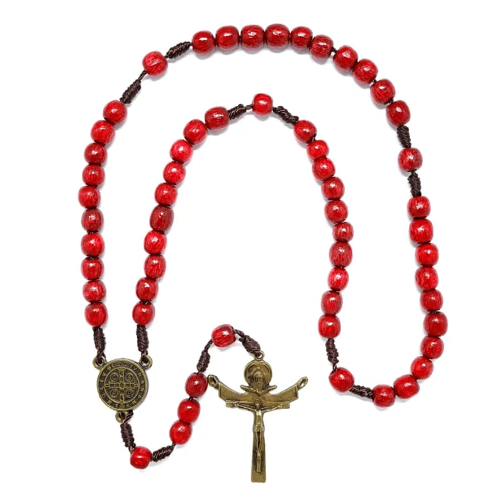 Terço de São Bento em Madeira com Medalha e Crucifixo em Metal Vermelho