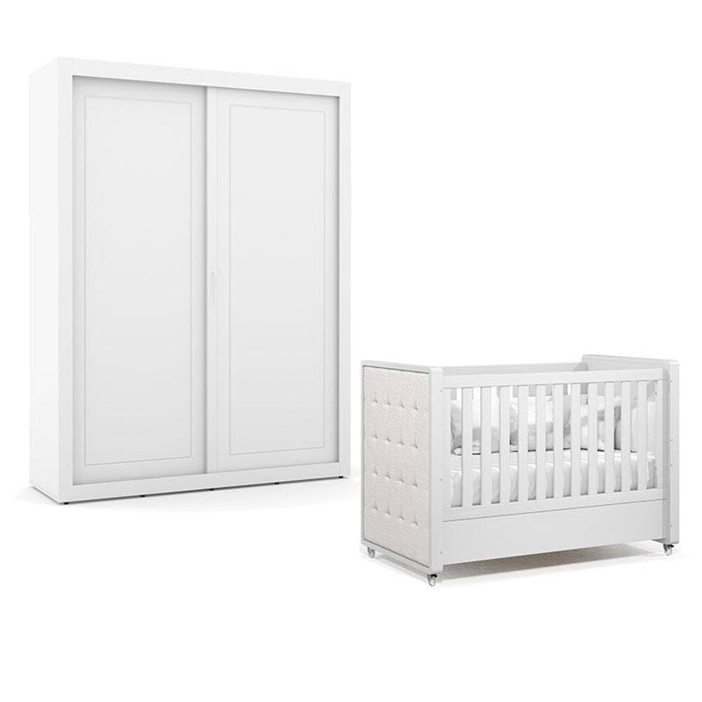 Berço Americano com Capitonê New Boucle e Guarda Roupa Tutto New 2 Portas Branco Acetinado - Matic