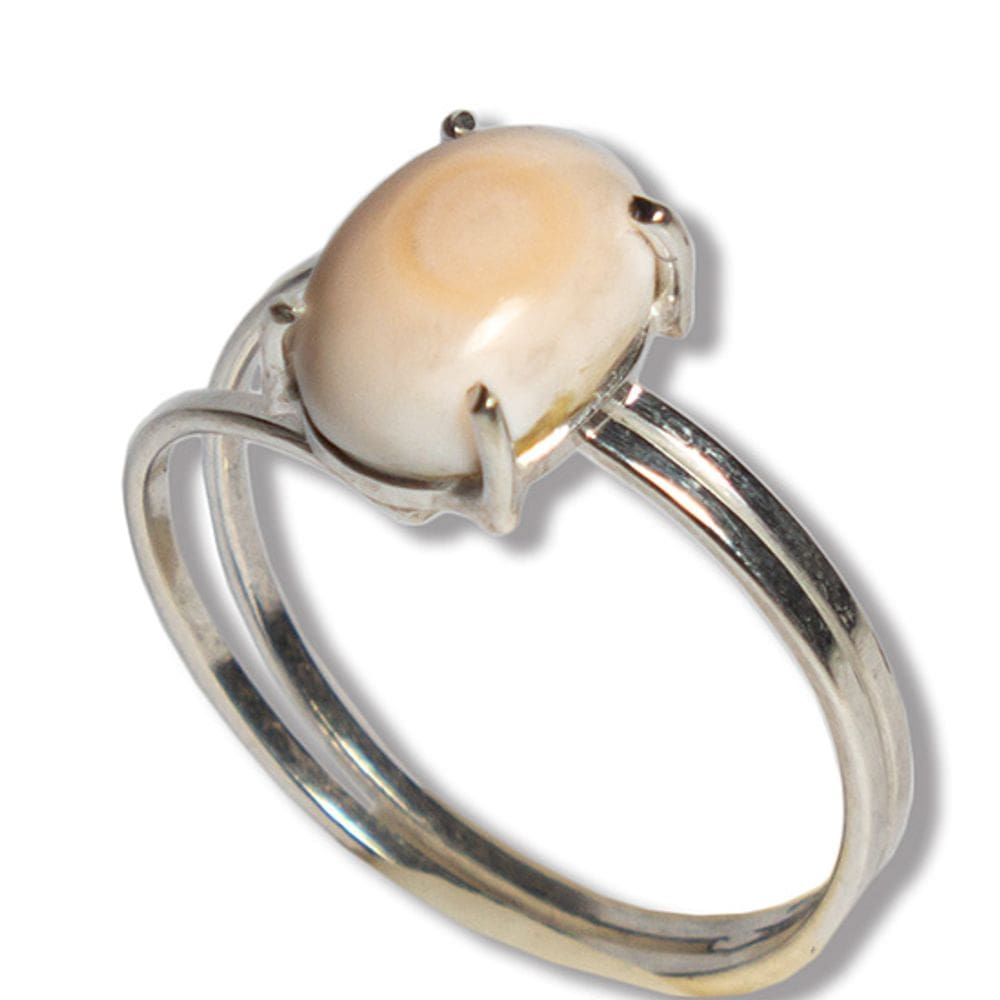 Anel Solitario Agata Branca Oval 10mm Aro Ajustável Prata 950