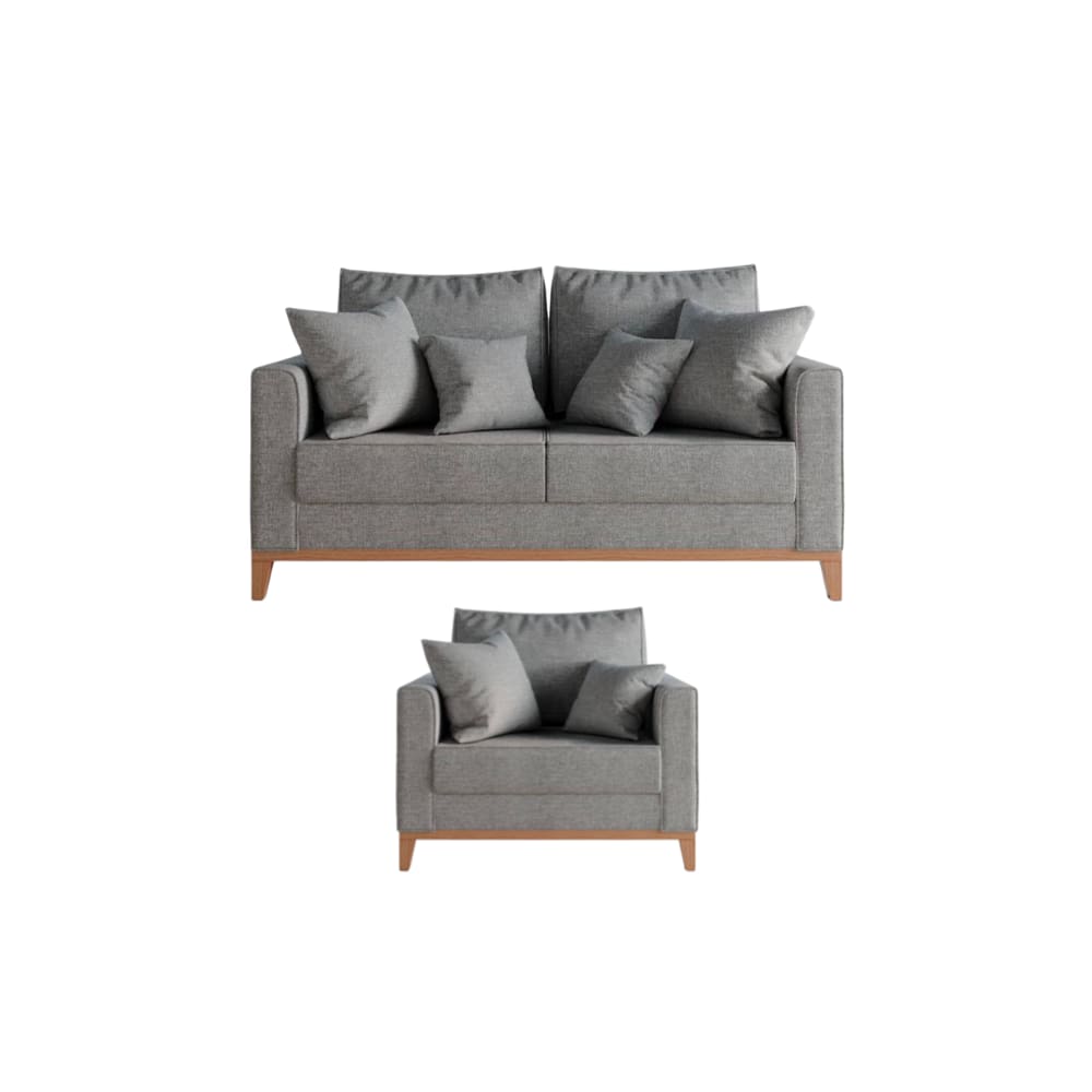Kit Sofá e Poltrona Decorativo Beni 1,60cm Beni Base Madeira Linho Cinza - Montanaris Decor
