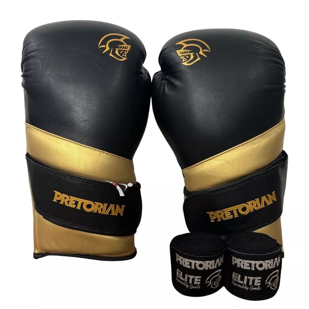 Kit Luva Muay Thai Boxe Pretorian Elite + Bandagem - Preto/Dourado