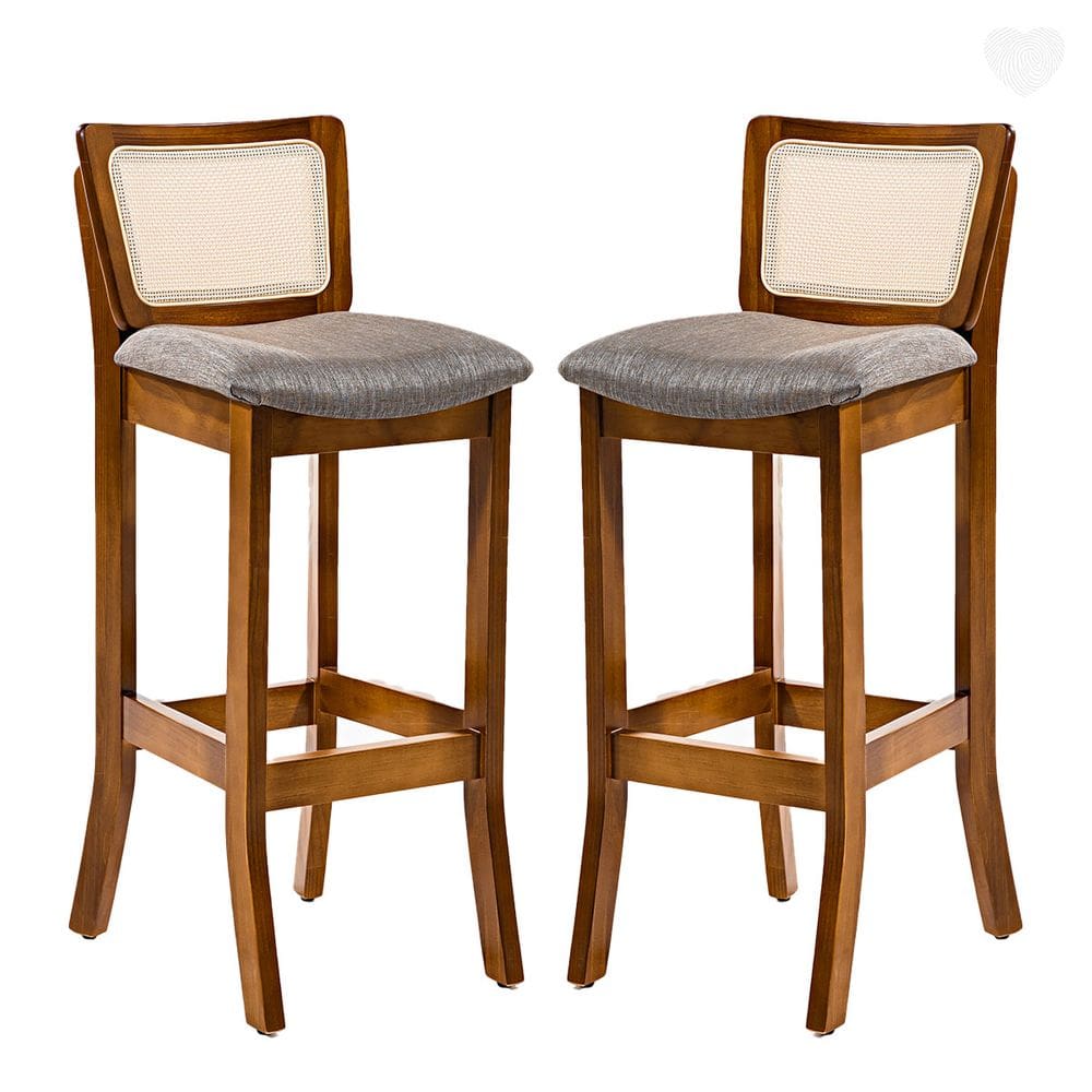 Kit 2 Banquetas Alta com Encosto Rattan Portugal Estofada Linho Cinza L55 RMI