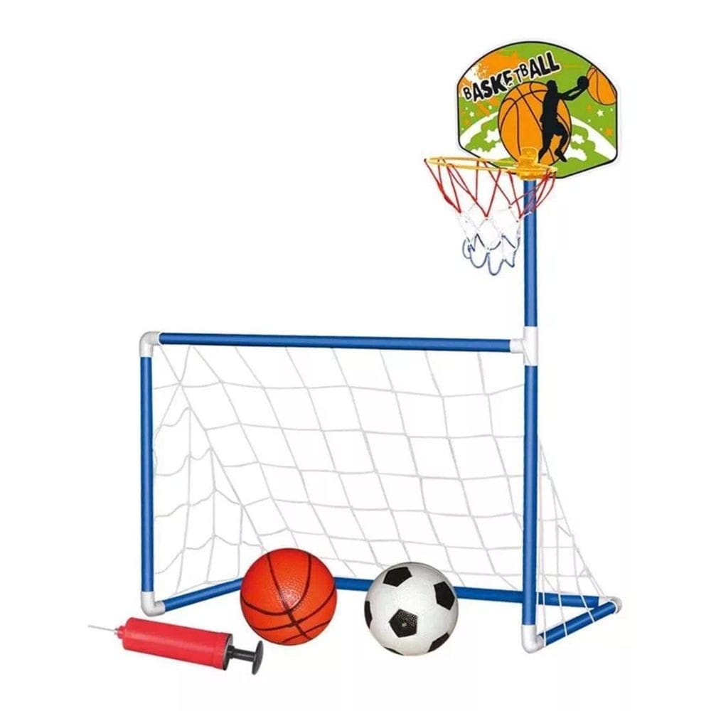 Jogo 2 em 1 Basquete Cesta Futebol Trave Brinquedo Compacto com Bolas Bomba de Ar Pais & Filhos