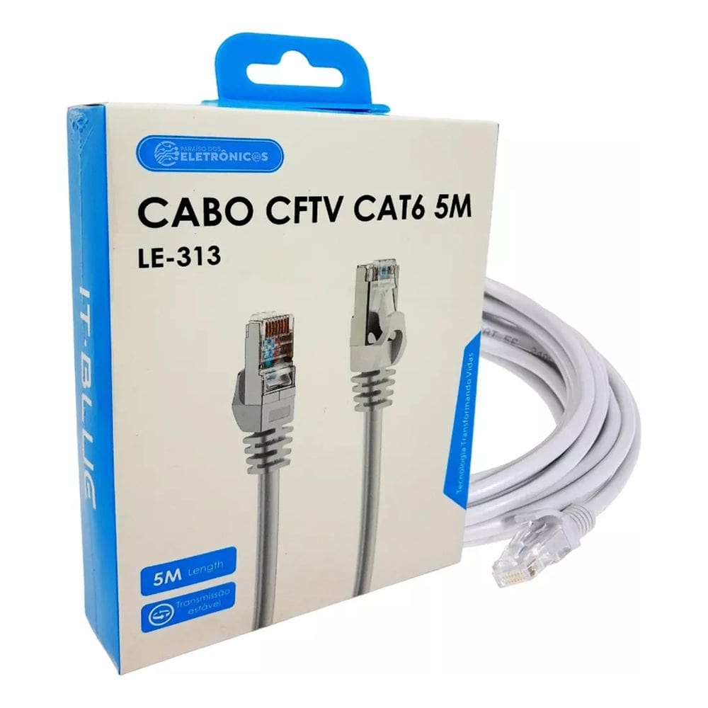 Cabo de rede CFTV conexão RJ45 Cat6 de 5 metros transmissão estável conector em ouro LE-313