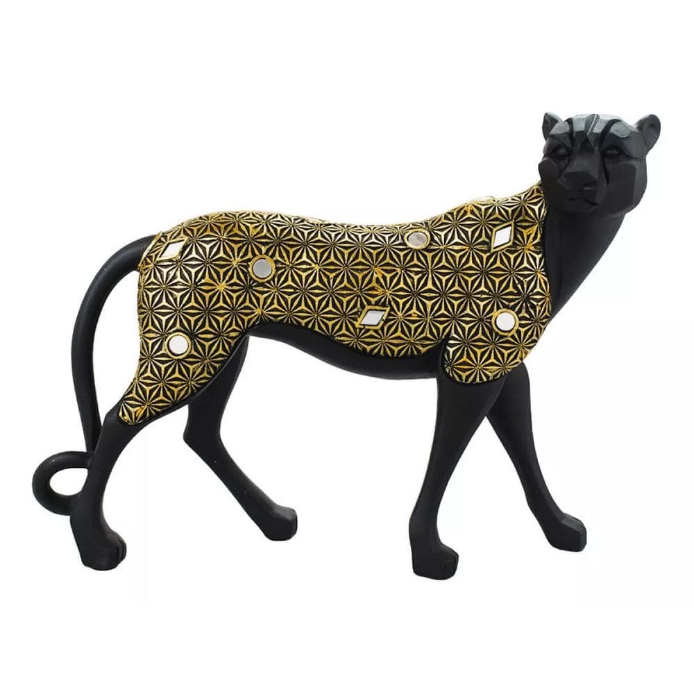 Guepardo Preto Detalhes Dourado 30cm - Resina Animais