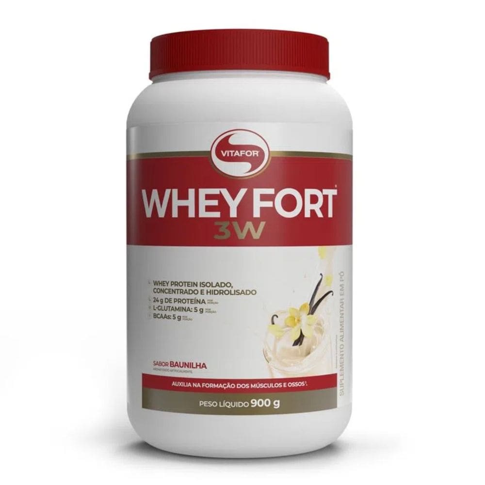 Whey Protein Isolado Whey Fort Vitafor Sabor Baunilha Concentrado Hidrolisado 900g L-Glutamina BCAA Suplemento Alimentar