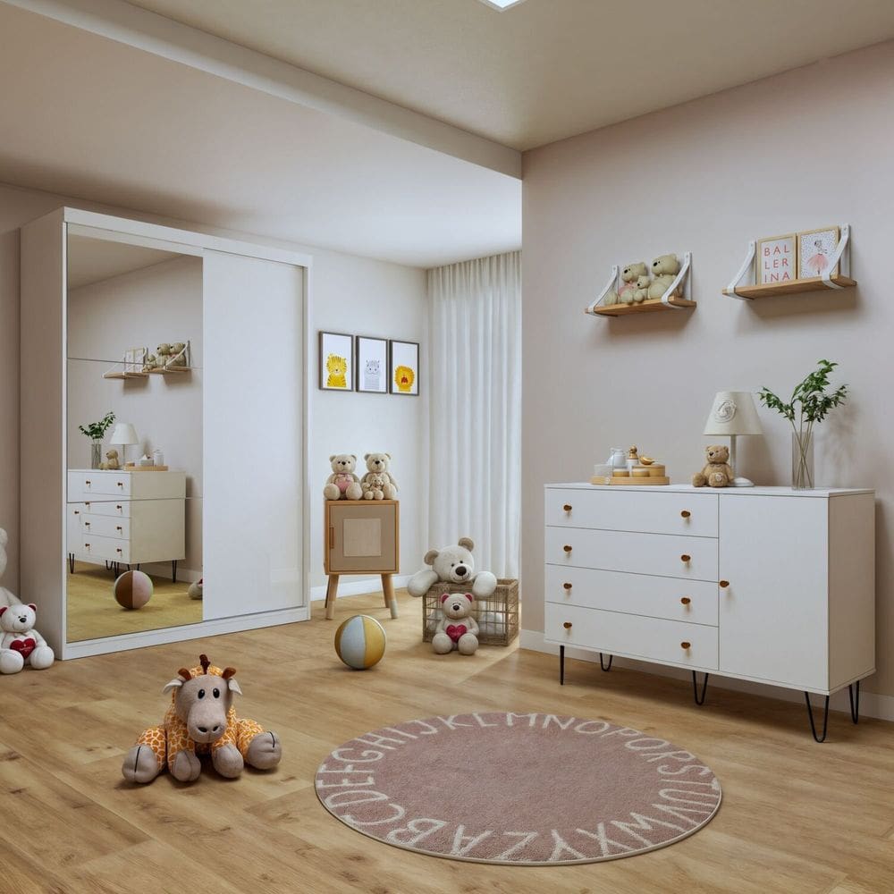 Quarto Infantil Guarda-Roupa 2 Portas Correr e Espelhos Arabella com Cômoda 1 Porta 4 Gavetas Aurora Branco
