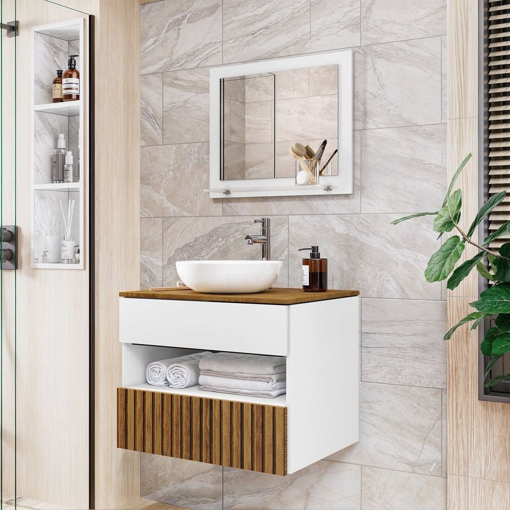 Armário Kit Completo para Banheiro Bali com Espelheira e Gabinete com Corrediça Telescópica Branco/Naturalle