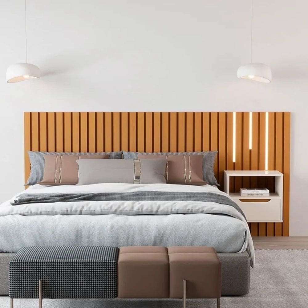 Cabeceira Ripado Para Cama de Casal/Queen Maracá Nature Com Mesa de Cabeceira Jatobá Com Led OffWhite - Rede Móveis