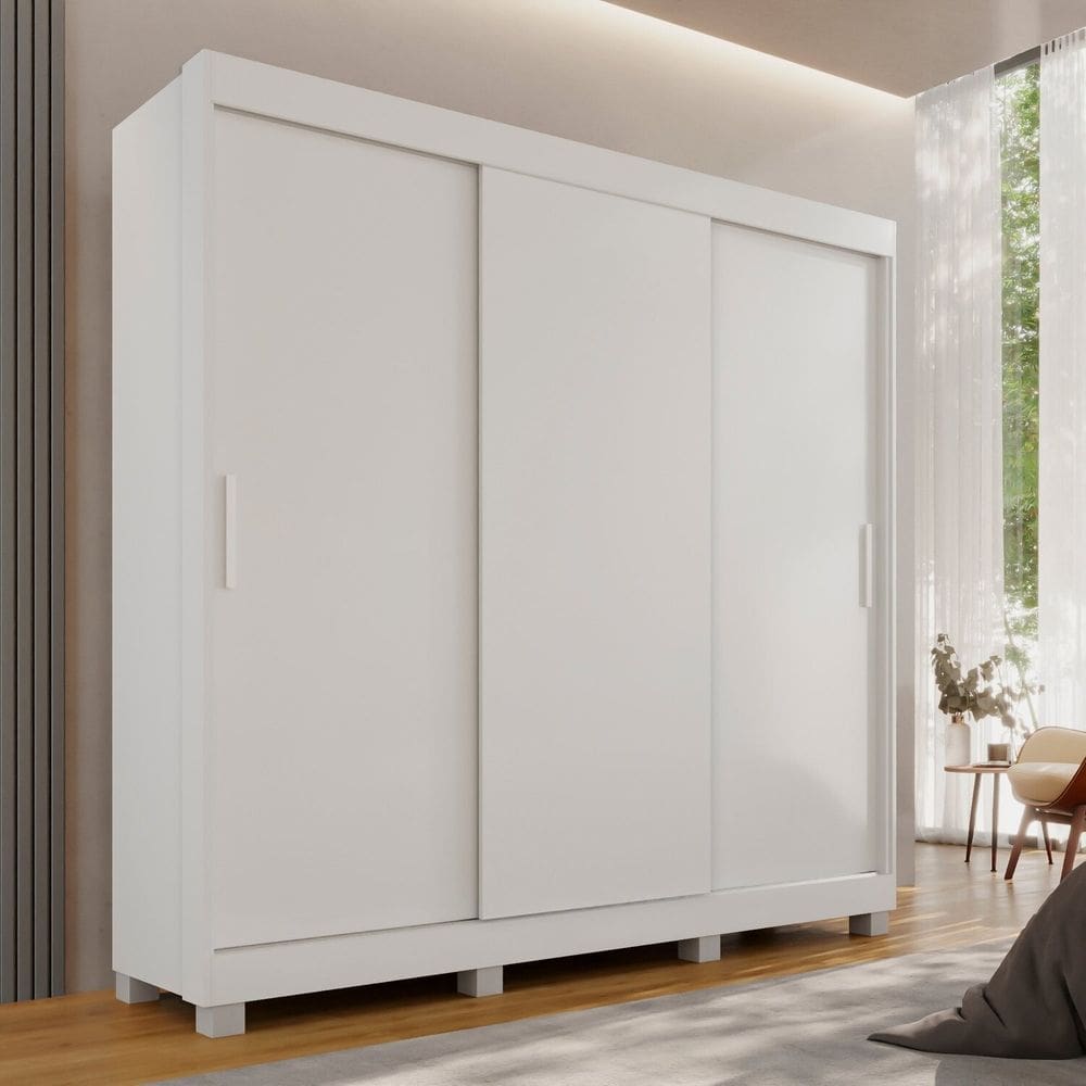 Guarda-roupa 4 Gavetas 3 Portas de Correr com Pés Porto Branco