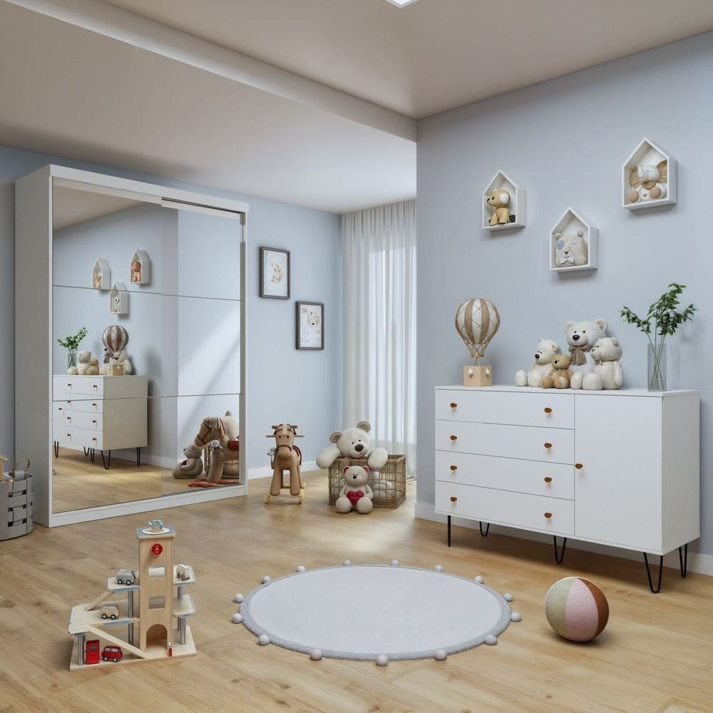 Quarto Infantil Guarda-Roupa 2 Portas Espelhadas Lumi com Cômoda 1 Porta 4 Gavetas Aurora Branco