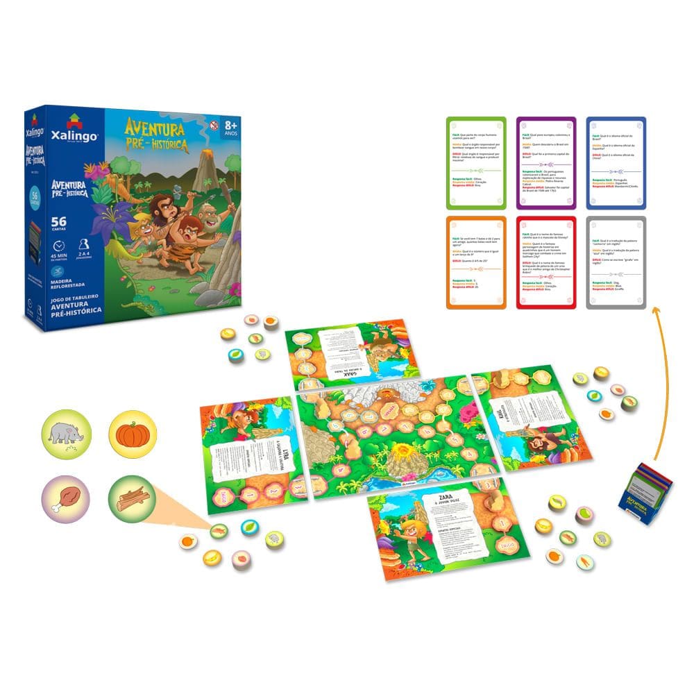 Jogo de Tabuleiro Aventura Pré-Histórica 56 cartas Xalingo