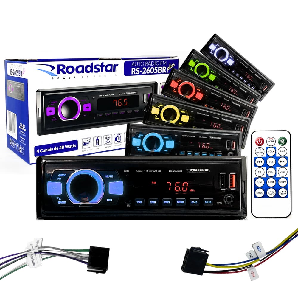 Auto Rádio Som Bluetooth 7 Cores Led Universal 1DIN 4X48WATTS