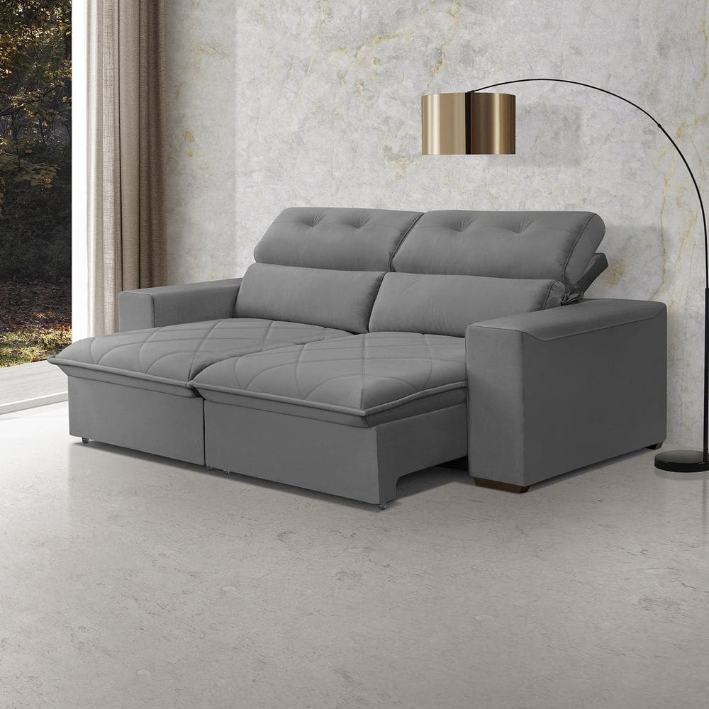 Sofá Cama Retrátil Arizona para Sala de Estar 220 Cm 3 Lugares Veludo Cinza