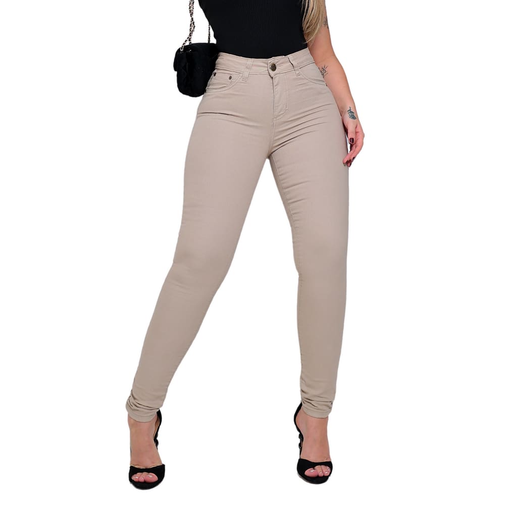 Calça Feminina Skinny Bege Cintura alta