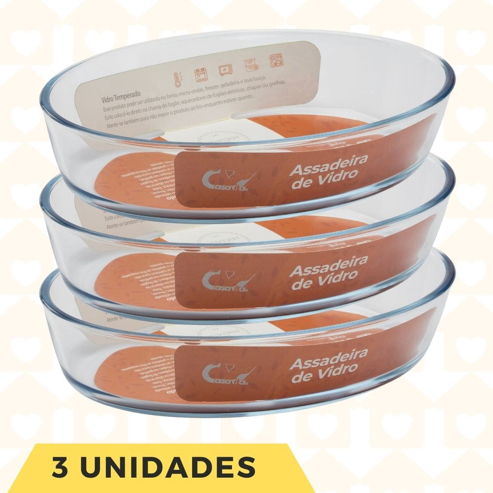 Kit 3un Forma Travessa Transparente 3L Vidro Resistente Oval