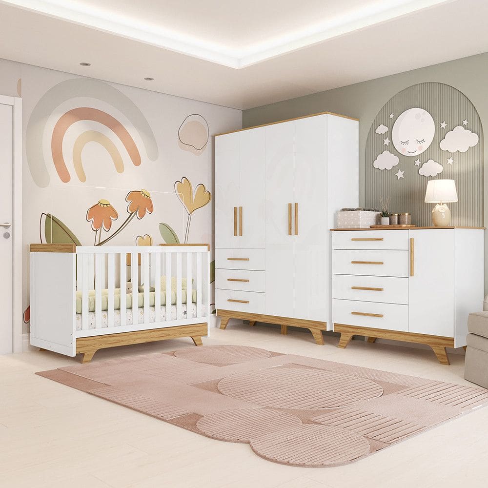 Quarto De Bebê Completo Berço Guarda-Roupa E Cômoda Lisa Retrô MDF Móveis Peroba