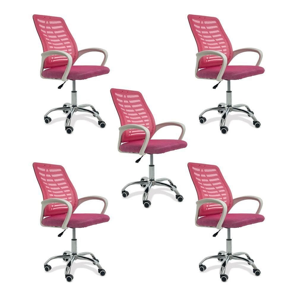 Kit 5 Cadeiras De Escritório Esteirinha Mesh Ergonômica Rosa