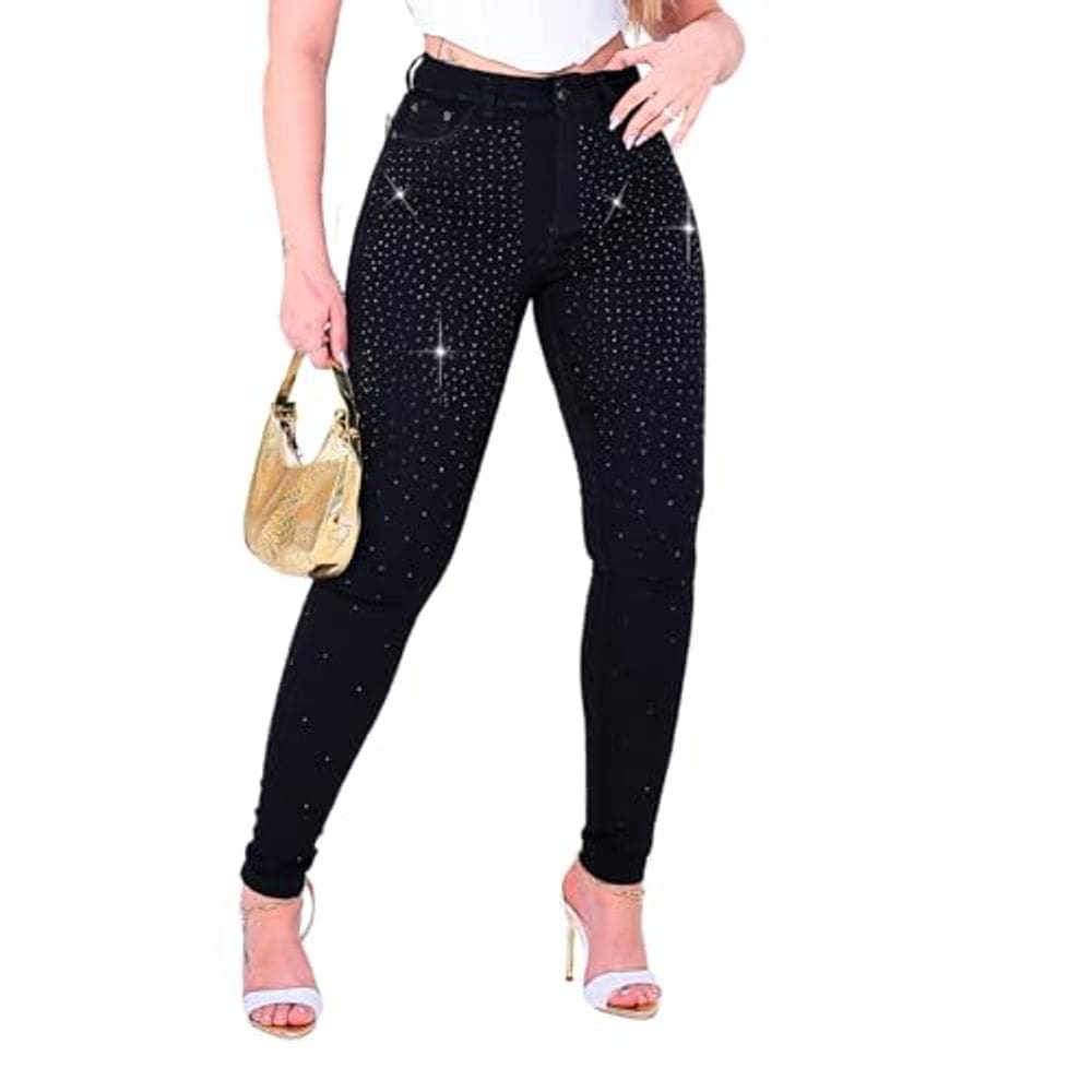 Calça Feminina de Sarja Preta Com Brilho Strass