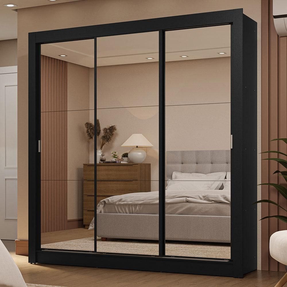 Guarda-Roupa Casal 3 Portas de Correr de Espelho 2 Gavetas Preto Sublime Madesa