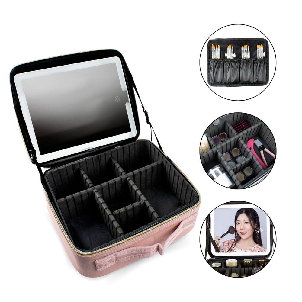 Maleta Bolsa Make Acessórios Espelho LED Porta Pincel Rosa