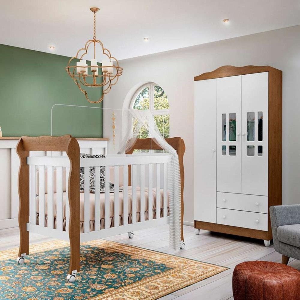Quarto de Bebê Berço Mini Cama e Guarda-Roupa 3 Portas Lila Carolina Baby