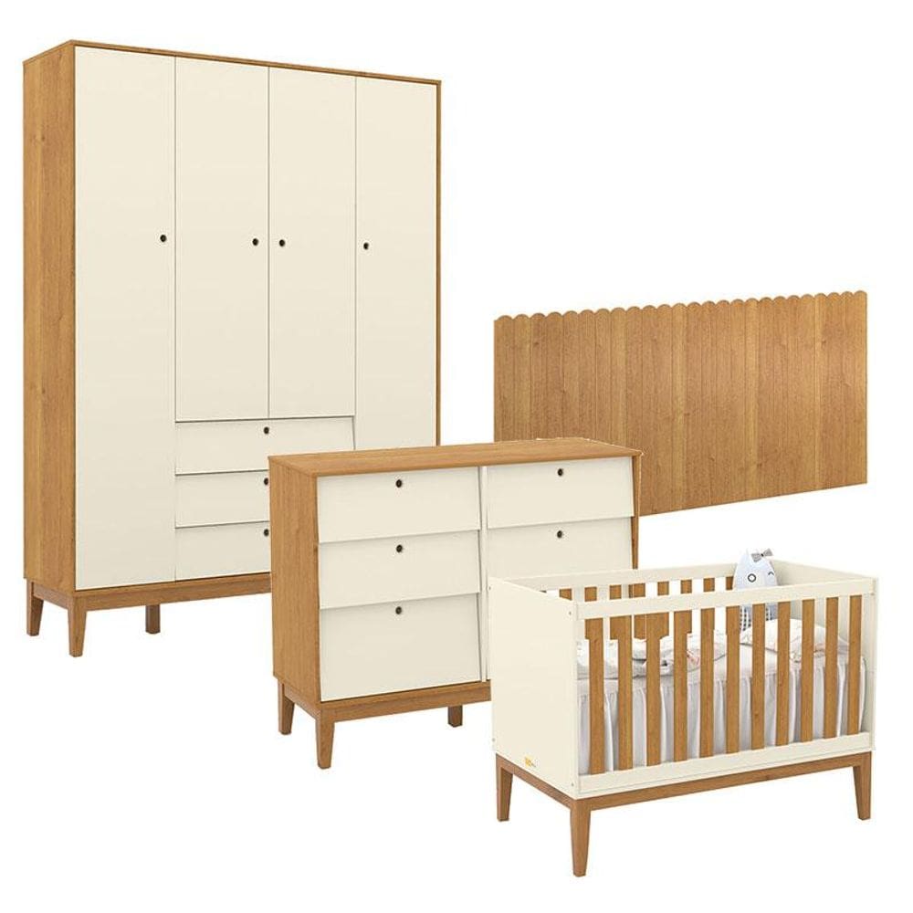 Quarto de Bebê Unique 4 Portas com Cômoda 6 Gavetas e Painel Farm Off White Freijó Eco Wood - Matic