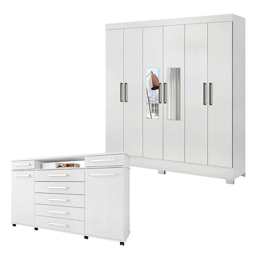 Cômoda London e Guarda Roupa Casal Prático Branco com Espelho - Demóbile