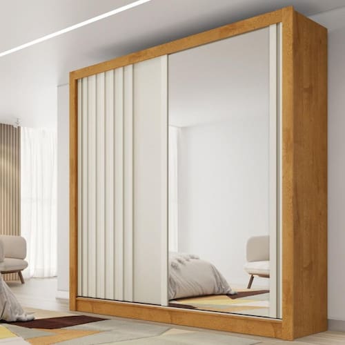 imagem-Guarda Roupa Casal com Espelho 2 Portas de Correr 4 Gavetas Ripado Lugano Made Marcs - Bege