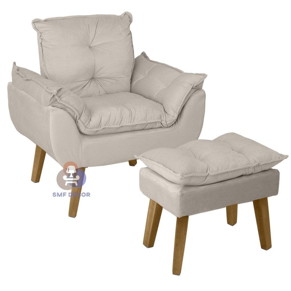 Poltrona/Cadeira Decorativa E Puff Glamour Com Pés Quadrado