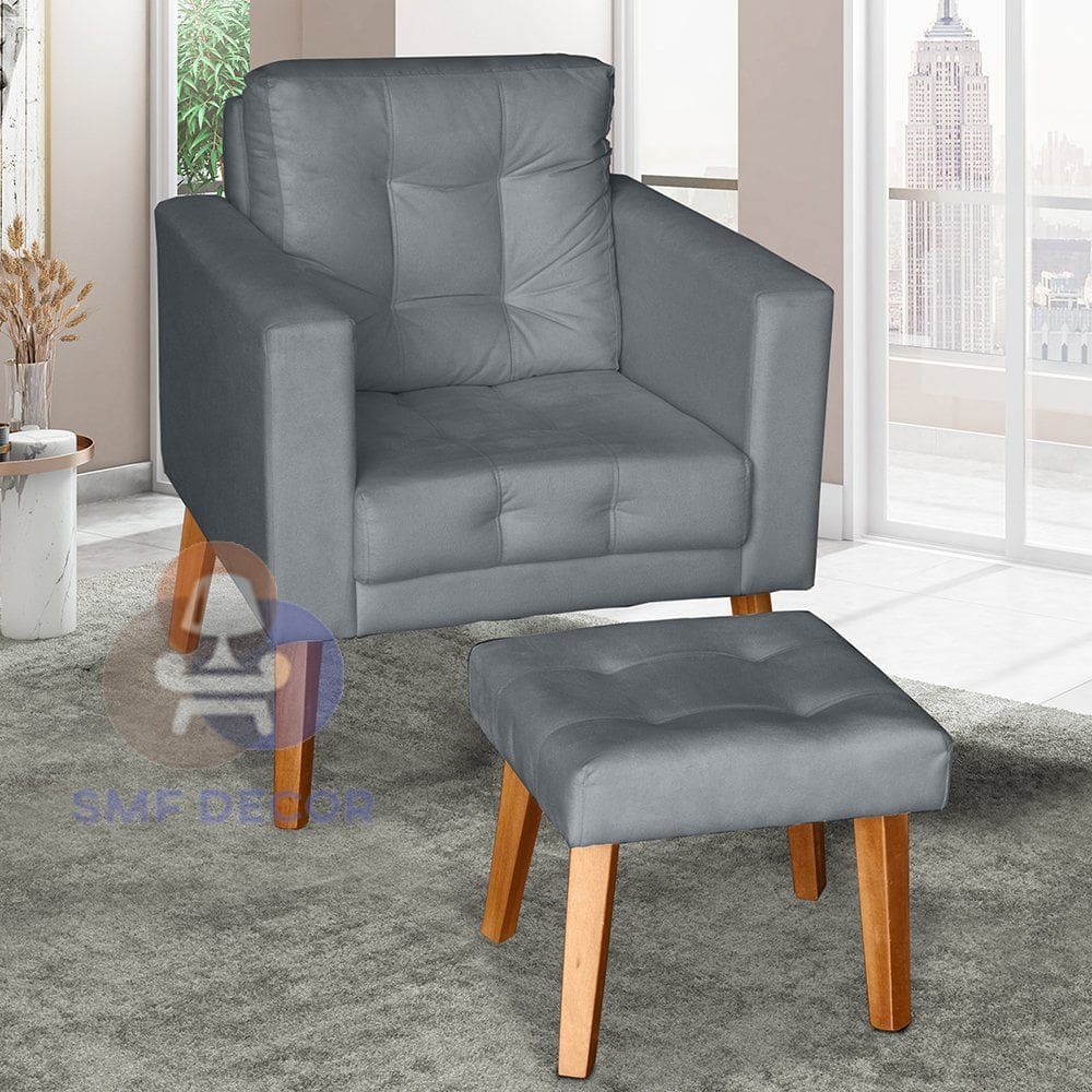 Sofá/Poltrona/Cadeira Decorativa Glamour Dubai com Puff e pés em Madeira