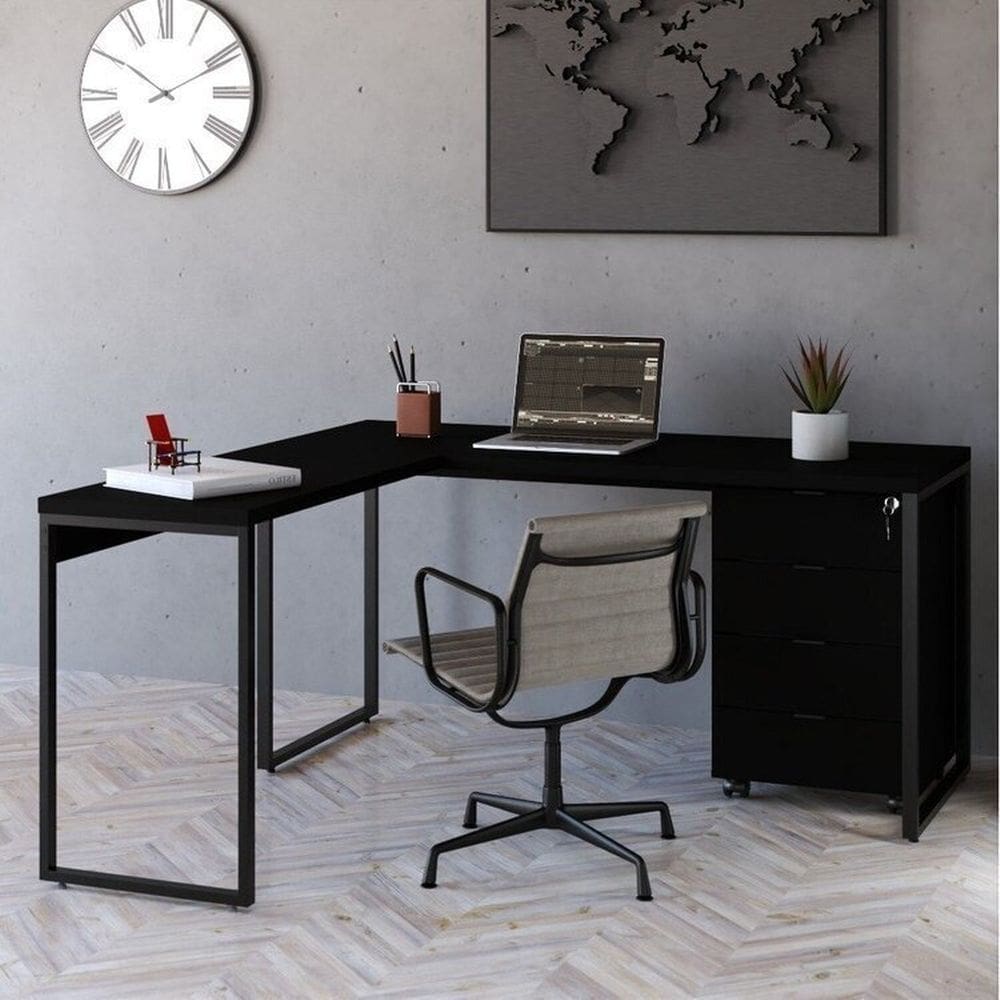 Mesa de Escritório em L Estilo Industrial 150x150cm com Gaveteiro Volante 4 Gavetas Onix