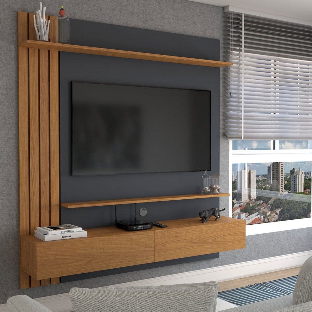 Painel para TV Até 65 Polegadas Christiania 2 Portas 2 Prateleiras Noce Milano/Preto Fosco - Panorama Móveis