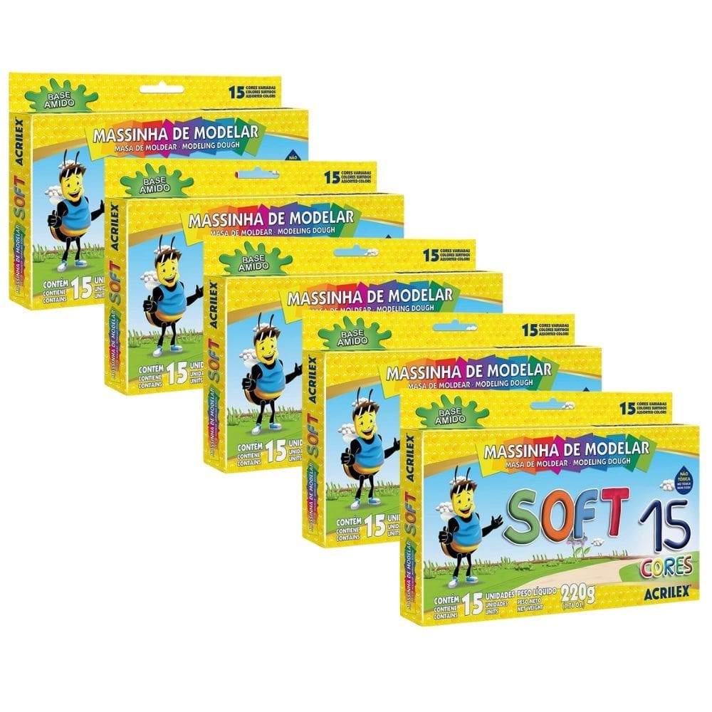 Kit 05 Massinhas de Modelar Soft Acrilex 15 Cores Infantil Escolar