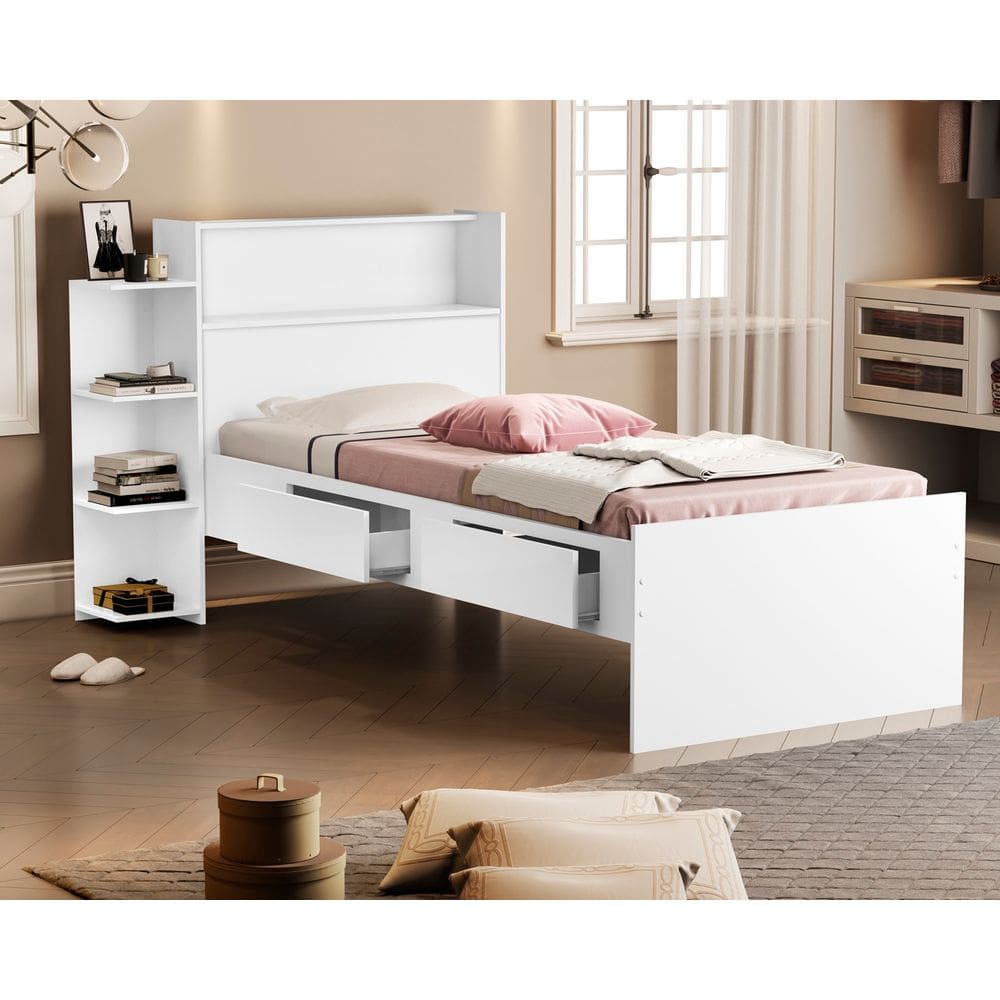cama solteiro com bau duas gavetas cama auxiliar cor branca