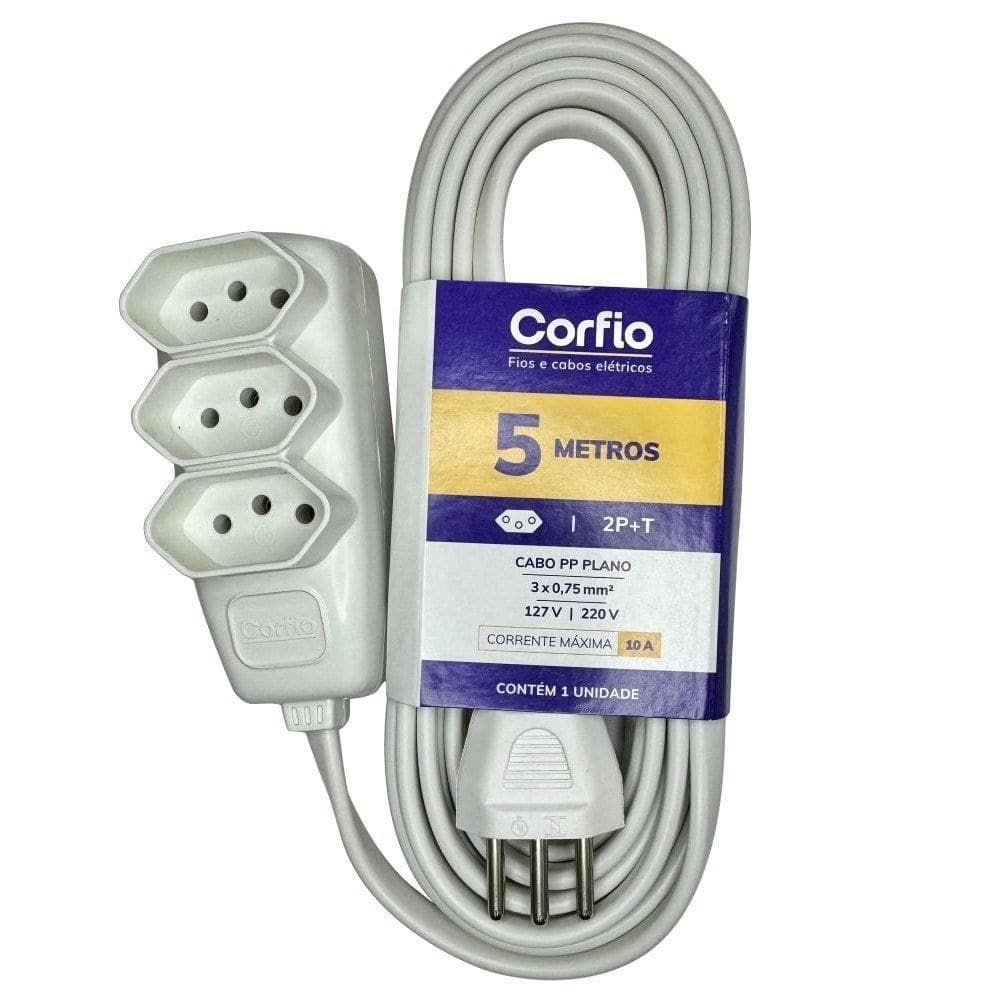 Extensão Corfihome Corfio 2P+T 10A Branco 3 Tomadas 5m
