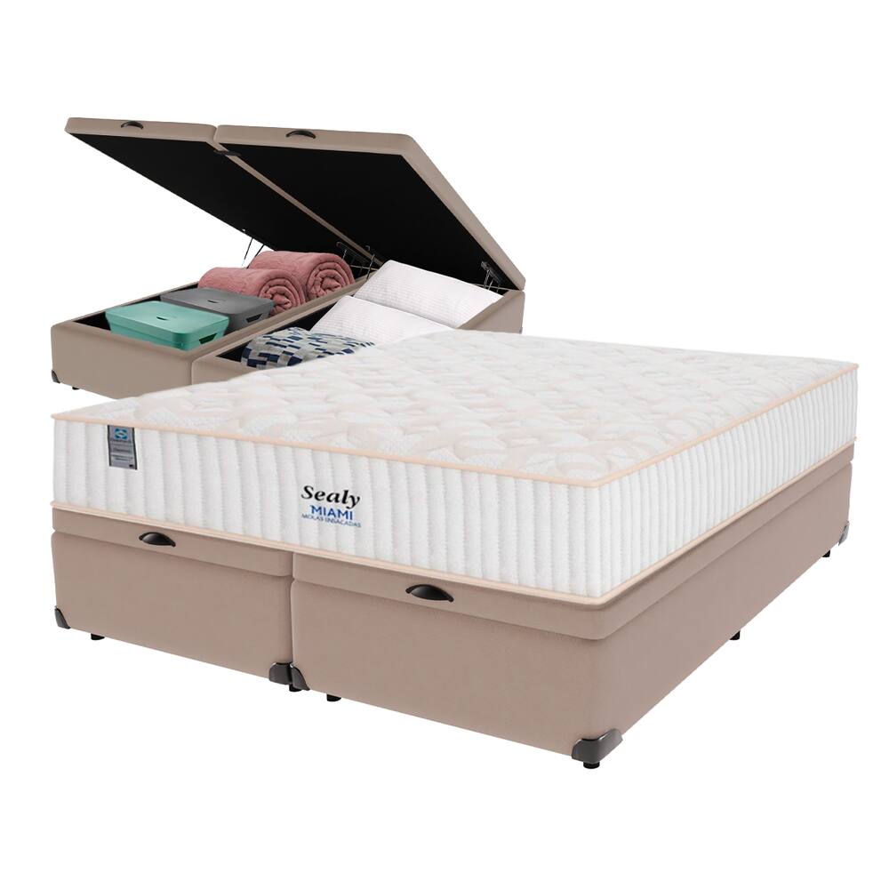 Cama Box Baú Bege e Colchão Queen Miami Molas Ensacadas Euro Pillow Sealy