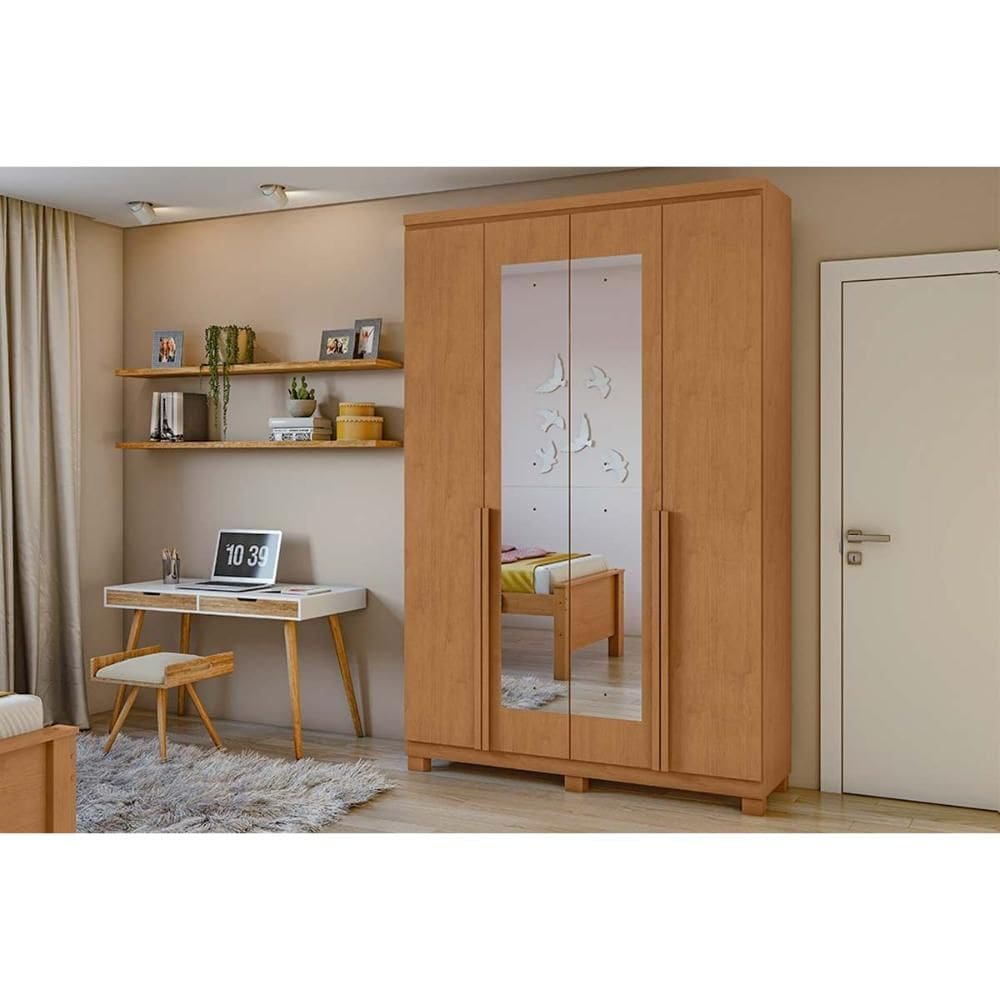 Guarda Roupa 4 Portas e 2 Gavetas c/ Espelho e Pés Alonzo Amendoa Clean - Lopas