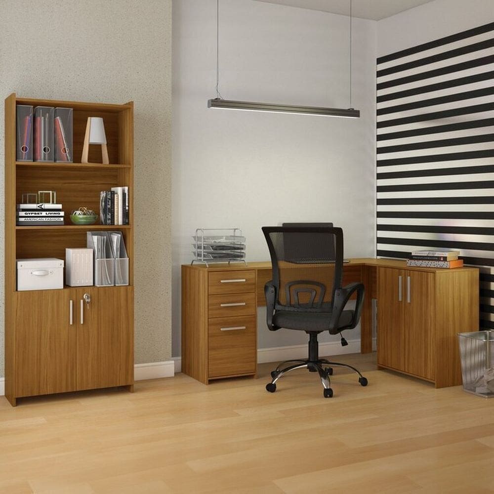 Kit 2 Peças com Mesa para Escritório em L e Armário Multiuso Alto Aberto Espresso Móveis Branco Freijó