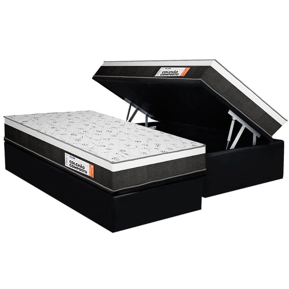 Cama Box Baú Solteiro: Colchão Anatômico Plumatex Falcon Ultra Firme + Base CRC Suede Black(88x188)