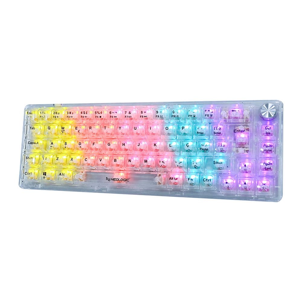 Teclado Gamer Mecanico Neologic Crystal Edge, 65%, Transparente, Rainbow, Switch Branco, Cabo Tipo C, Abnt2 - Nlcrstl-Edge