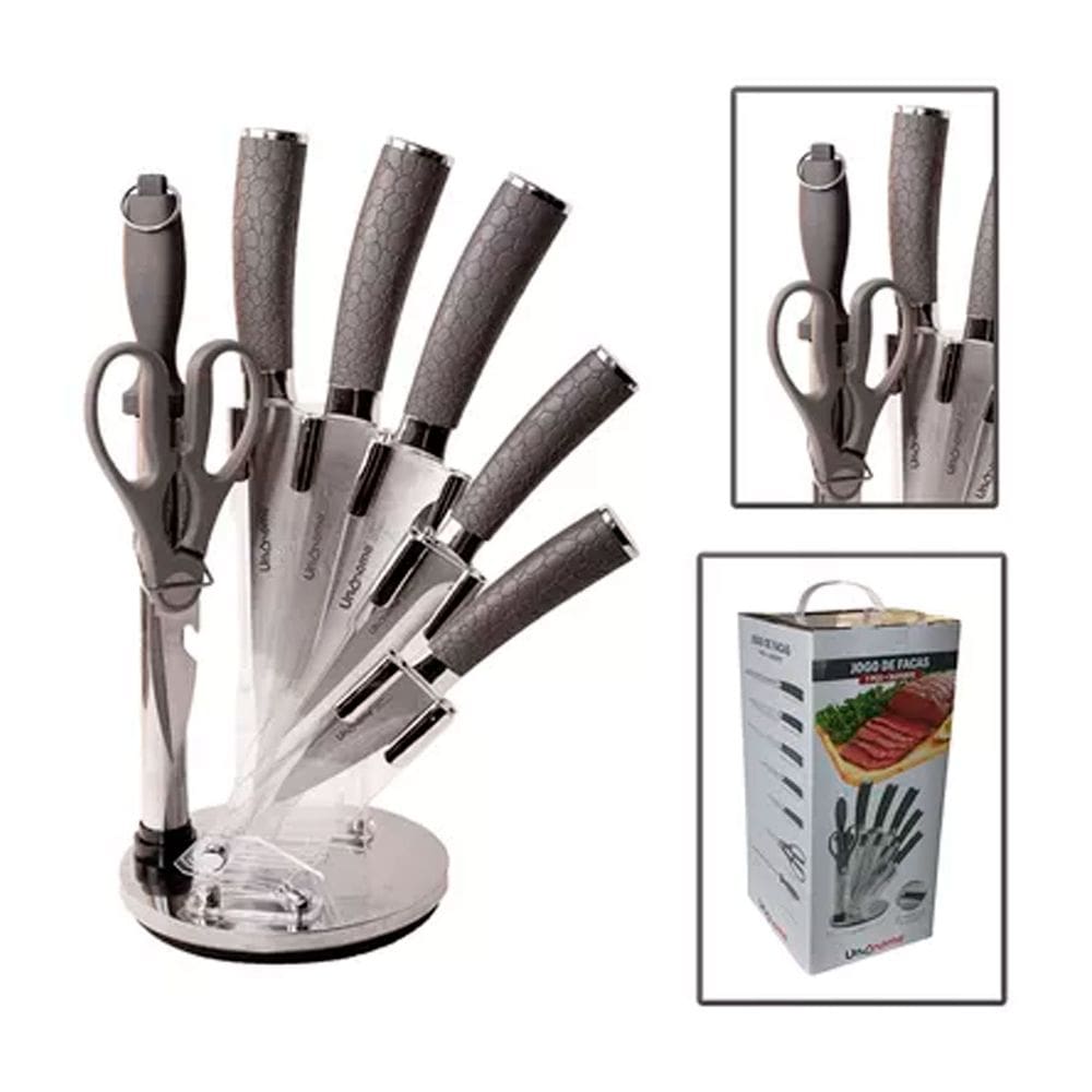 Jogo de Facas Inox Cabo Ergonômico Texturizado 7 Peças e Suporte Giratório Linha Premium