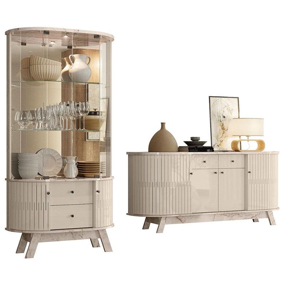 Aparador para Sala Buffet Mônaco e Cristaleira Moss Calacata Off White - Madetec