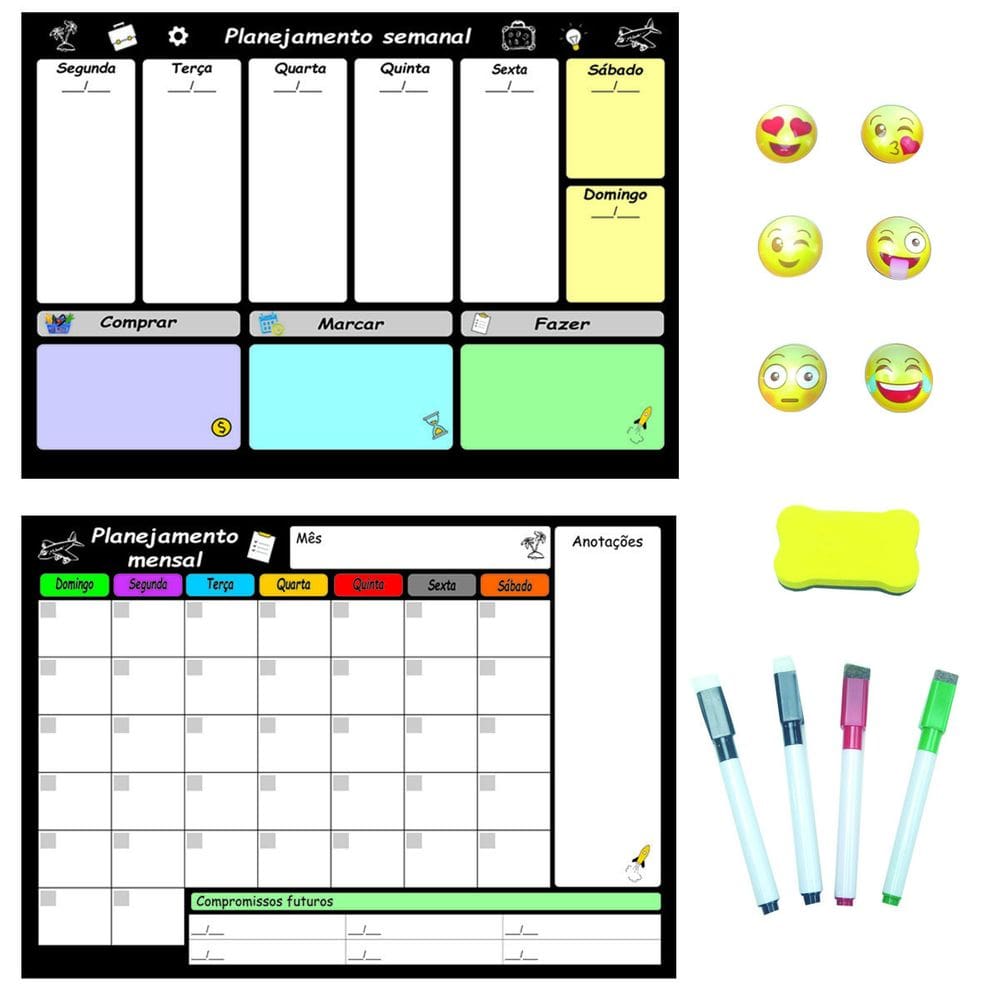 Kit Planejador Mensal E Semanal Magnético Geladeira Com 4 Canetas Apagador Emoticons Com Imã Planner Compromissos Dieta