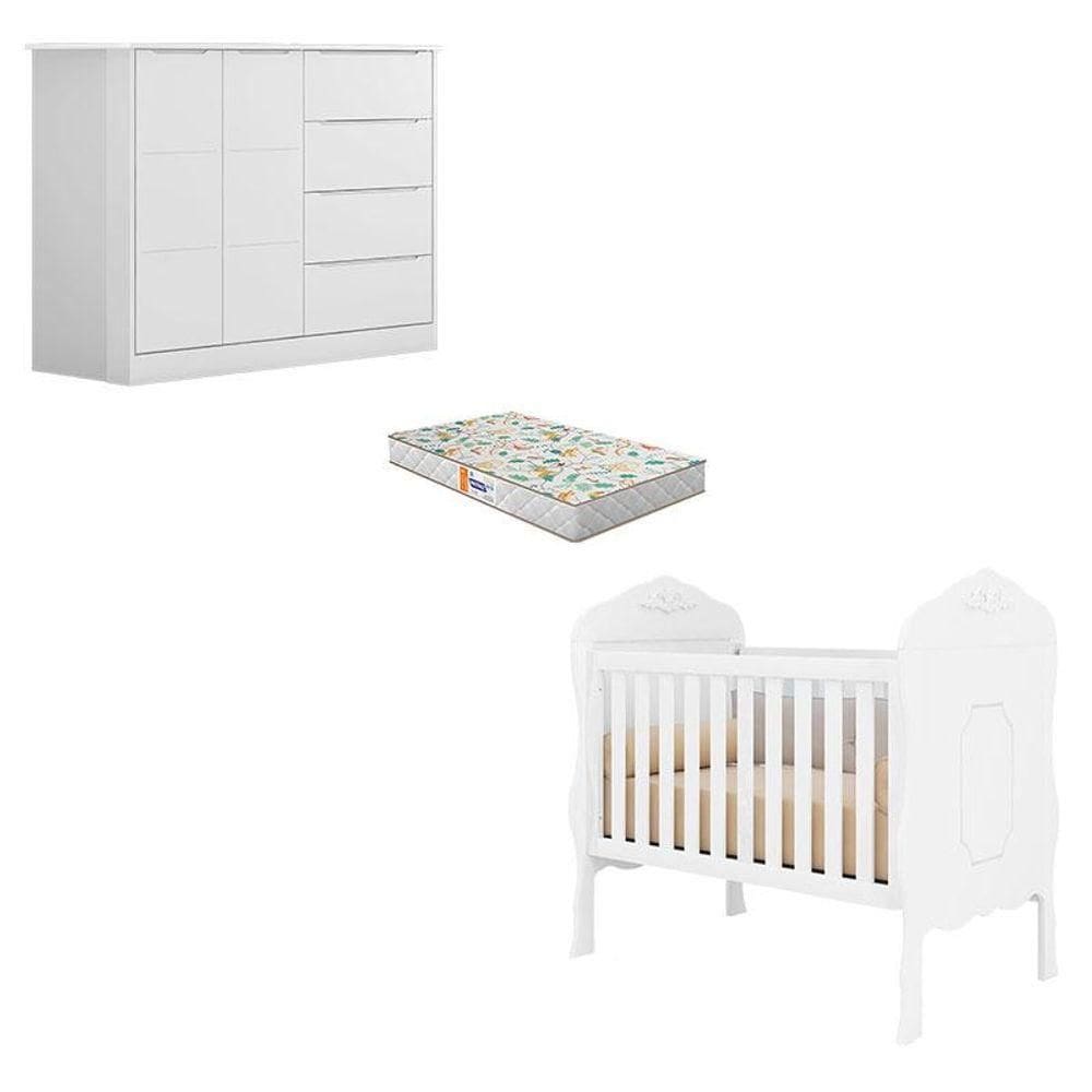 Berço Americano Realeza E Cômoda Infantil Eloá Branco Acetinado Com Colchão Gazin - Phoenix Baby