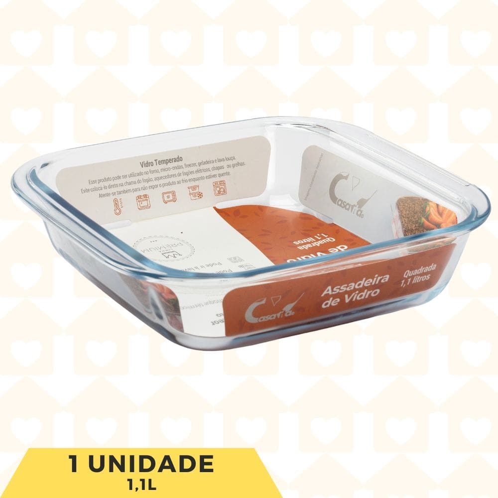 Assadeira Forma Vidro Trasparente Quadrado 1,1L S/ Tampa 1un
