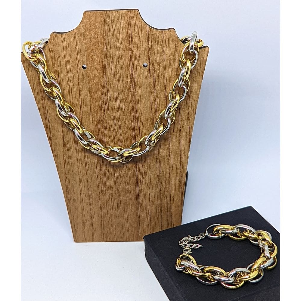 Kit Conjunto Colar Choker e Pulseira Corrente elos Grosso Oval Duplo Mix dourado com Prata Luxo Folheado Ouro Tendência